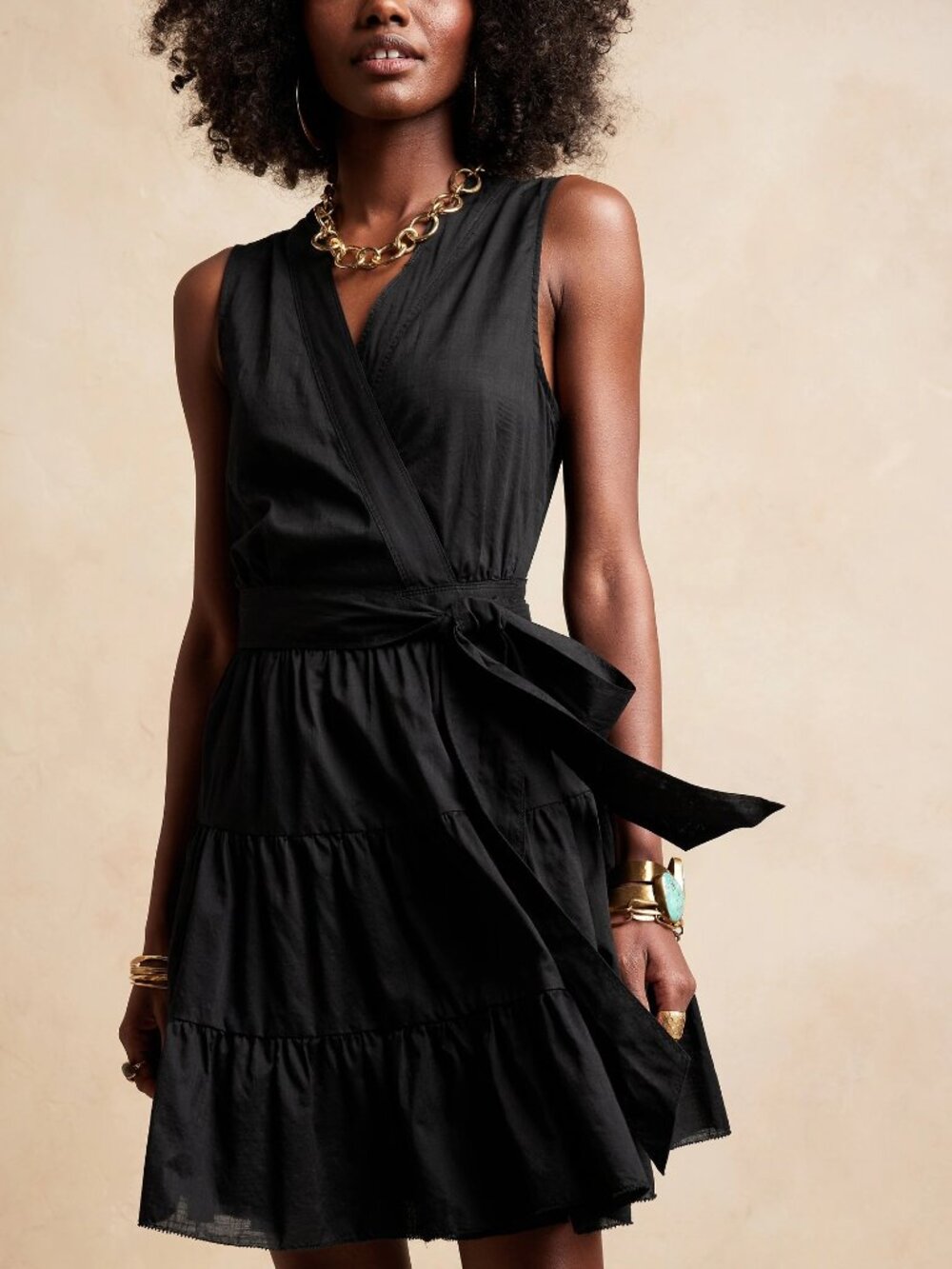 NWT Banana Republic Black Airy Cotton Stampa Ruffle Wrap Mini Resort Dress XL